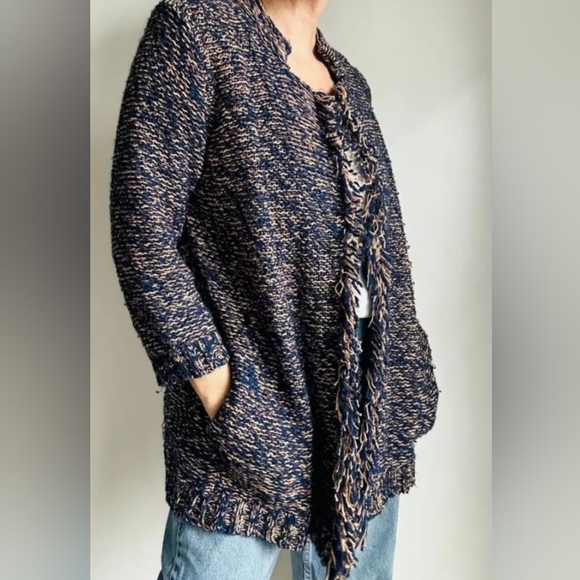 Anthropologie Sparrow Open Front Fringe Trim Knitted Cardigan medium - Picture 1 of 8
